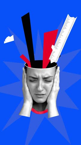 Modern stop motion. Animation. Woman covers ears as receipts shoot from mind symbolizing inflation anxiety and financial burden. Concept of cost of living, deflation, economic stress, overpriced goods