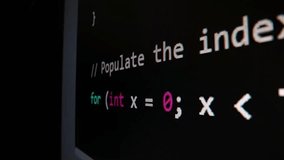 Closeup macro shot movement of coding script moving across LED screen with real-time AI-generated typing, showcasing advanced AI learning in optimization, debug and coding for software development. - Powered by Shutterstock - Get 15% off with code: PIKWIZARD15