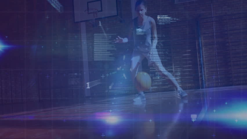 Female teenager dribbling basketball on court in gym, showing financial charts and scrolling code. Athlete, digital, sport, technology, energetic, urban, contemporary - Powered by Shutterstock - Get 15% off with code: PIKWIZARD15