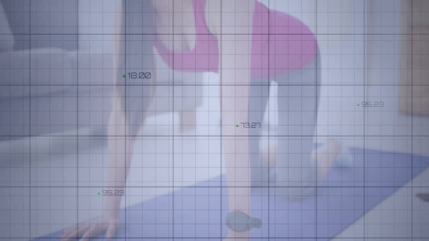 woman performing plank exercise inside living room, overlaying semi-transparent fitness data graphs. Fitness, strength, wellness, modern, active, health, motivation