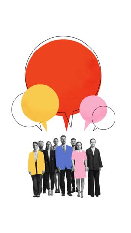 Stop motion. Animation. Business team standing under colorful speech bubbles representing communication, idea sharing, strategic discussion. Concept of networking, leadership, corporate dialogue.