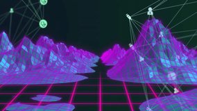Neon wireframe mountain streaming into vanishing point showing medical icon nodes linking over grid. Futuristic, digital, abstract, hi-tech, cyber, connectivity, innovation - Powered by Shutterstock - Get 15% off with code: PIKWIZARD15