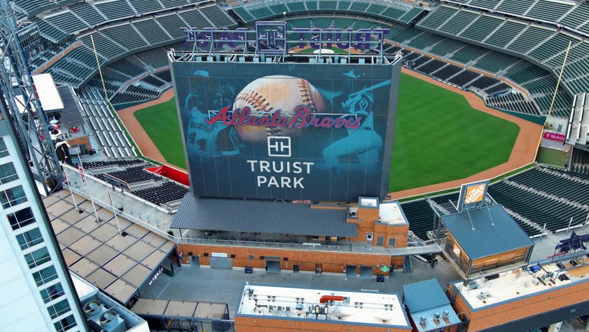Atlanta Georgia USA - 4 27 2025: aerial footage of Truist Park home of the Atlanta Braves in Atlanta Georgia USA