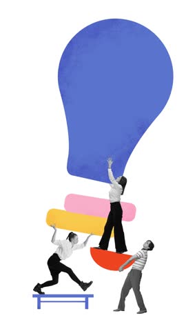 Stop motion. Animation. Business professionals constructing massive light bulb, symbolizing creative solutions, innovation, visionary thinking. Concept of entrepreneurship, ideas, strategic vision.