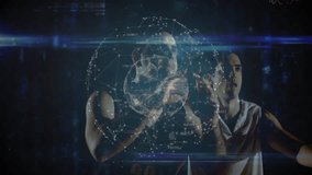 Two male colleagues analyzing data in studio, with floating digital nodes and blue light flares. Technology, cybersecurity, innovation, digital, futuristic, data science, computer visualization - Powered by Shutterstock - Get 15% off with code: PIKWIZARD15