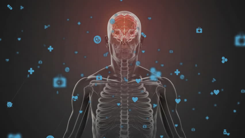 3D render skeleton model being visualized from back, showing red brain with floating medical icons. Anatomical, healthcare, medical, scientific, futuristic, educational, diagnostic