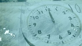 Semi-transparent analog clock face floating over plain showing networked world map and data grids. Futuristic, abstract, technology, innovation, digital, data, visualization - Powered by Shutterstock - Get 15% off with code: PIKWIZARD15