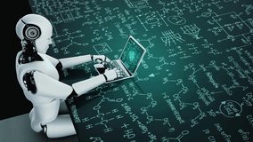 Robot hominoid use laptop and sit at table for engineering science studying using AI thinking brain , artificial intelligence and machine learning process for 4th industrial revolution . 3D rendering - Powered by Shutterstock - Get 15% off with code: PIKWIZARD15