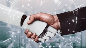 3D rendering hominoid robot handshake to collaborate future technology development by AI thinking brain, artificial intelligence and machine learning process for 4th industrial revolution. - Powered by Shutterstock - Get 15% off with code: PIKWIZARD15