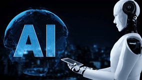 Robot hominoid use mobile phone or tablet in concept of AI thinking brain , artificial intelligence and machine learning process for the 4th fourth industrial revolution . 3D rendering. - Powered by Shutterstock - Get 15% off with code: PIKWIZARD15