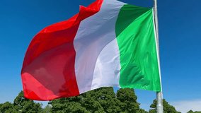 Italian tricolor flag waving in slow motion over blue sky and green tree canopies - Powered by Shutterstock - Get 15% off with code: PIKWIZARD15