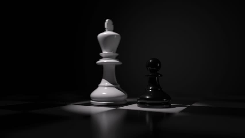 Pawn Destroys King in Dramatic Chess Battle, Powerful Symbol of Rebellion and Strategy in Business. Slow Motion 3D Rendering.