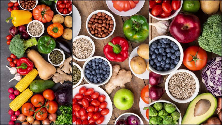Healthy eating ingredients: fresh vegetables, fruits and superfood. Nutrition, diet, vegan food concept.