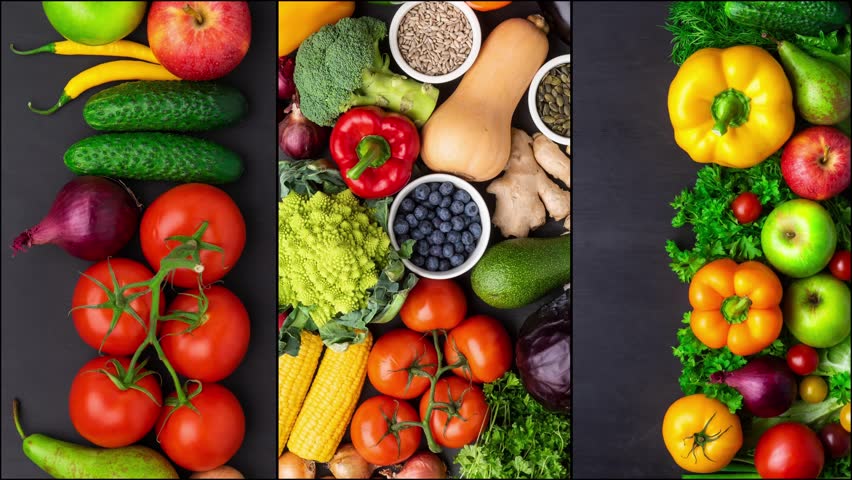 Healthy eating ingredients: fresh vegetables, fruits and superfood. Nutrition, diet, vegan food concept.