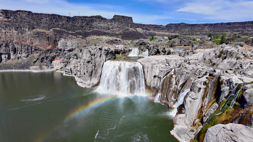 View of Shoshone Falls with a rainbow in the Snake River Canyon in Twin Falls, Idaho.