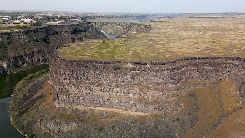 Aerial view of the Snake River Canyon in Twin Falls, Idaho viewing the Perrine Bridge in the background.