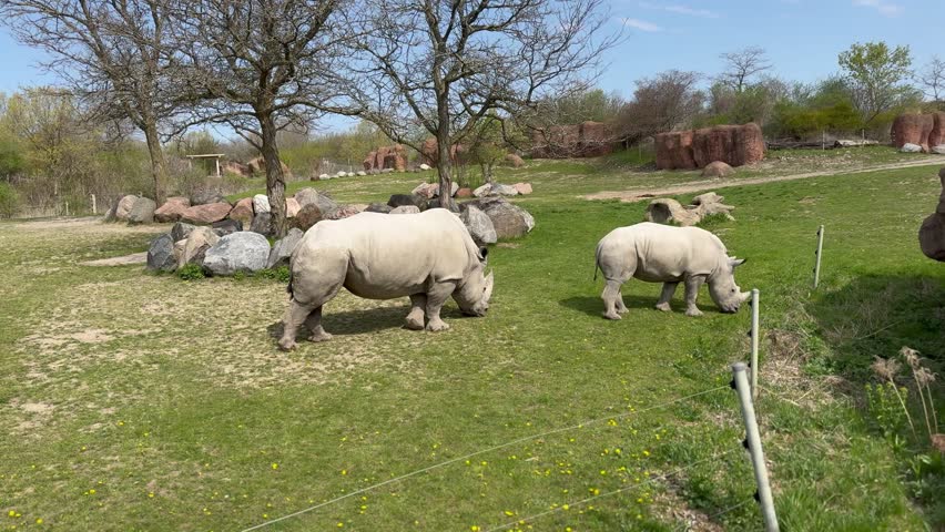White rhinos eating grass. Two rhinos