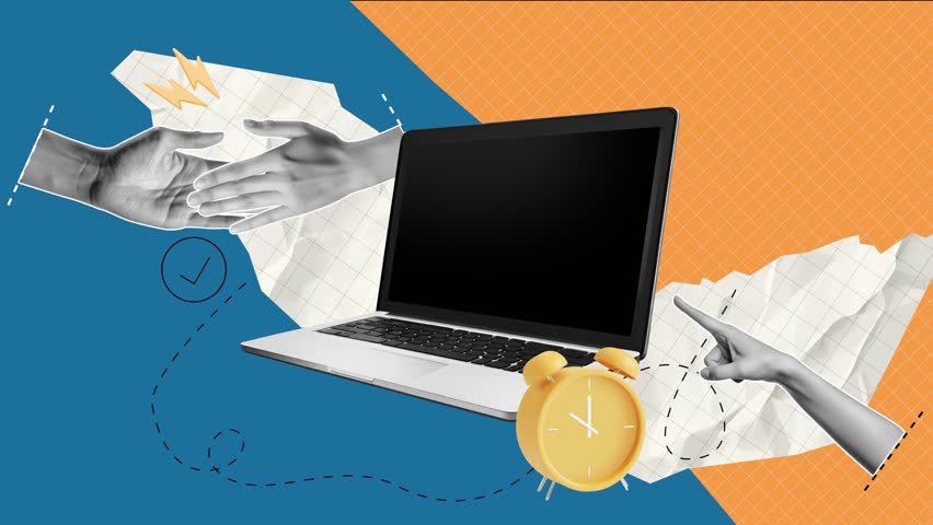 Hands gesturing towards a laptop screen with a yellow alarm clock, representing communication, technology, and time management in a modern workspace environment