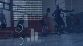 six basketball players practicing on court displaying floating world map, pie charts for technology. Athletes, teamwork, sports, training, analytics, competition, fitness - Powered by Shutterstock - Get 15% off with code: PIKWIZARD15