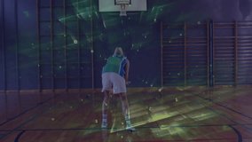female basketball player practicing in school gym, showcasing green sports technology overlays. Athlete, gymnasium, digital art, sportswear, futurism, training, fitness - Powered by Shutterstock - Get 15% off with code: PIKWIZARD15