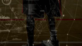 Male athlete standing on basketball court, displaying sports data with network nodes and bar charts. Athlete, sports analytics, data visualization, biometric, performance, digital interface, fitness - Powered by Shutterstock - Get 15% off with code: PIKWIZARD15