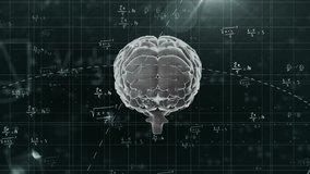 3D brain model floating over chalkboard backdrop showing math chemistry grid and wireframe globe. Futuristic, scientific, innovation, technology, education, neural, analytical - Powered by Shutterstock - Get 15% off with code: PIKWIZARD15