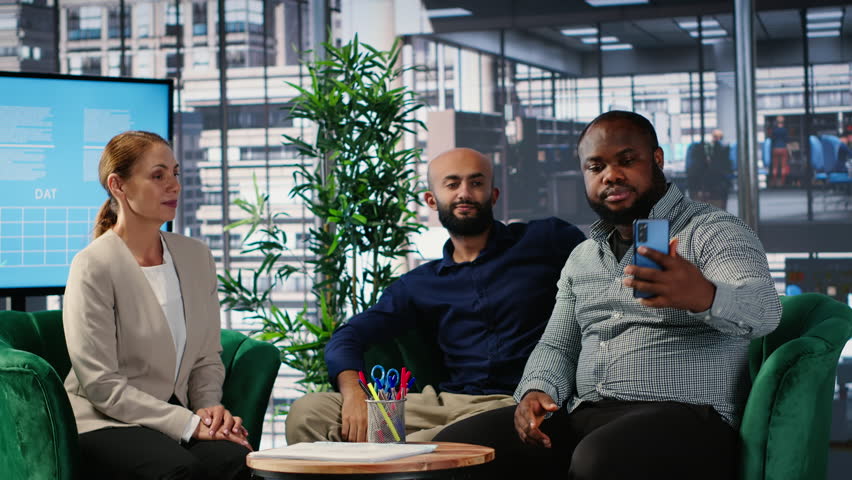 Powerful people celebrate their deal with a photo on media platforms, finishing the meeting and reaching a verbal agreement for the collaboration. Diverse leaders ensure success story. Camera B.