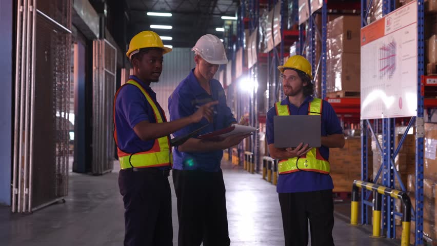 Multicultural warehouse team members inspect inventory boxes on pallets during routine check in busy logistics center. - Powered by Shutterstock - Get 15% off with code: PIKWIZARD15