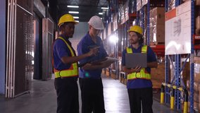 Multicultural warehouse team members inspect inventory boxes on pallets during routine check in busy logistics center. - Powered by Shutterstock - Get 15% off with code: PIKWIZARD15