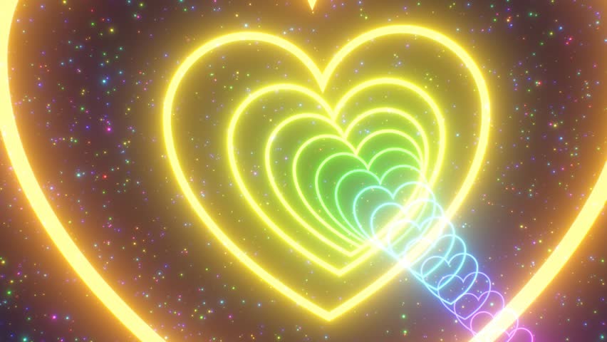 Endless Wavy Rainbow Heart Shape Neon Glow Tunnel With Sparkle Stars - 4K Seamless VJ Loop Motion Background Animation