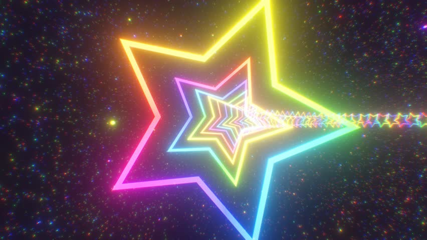 Fly Through Rainbow Neon Star Shape Space Portal Ring At Light Speed - 4K Seamless VJ Loop Motion Background Animation