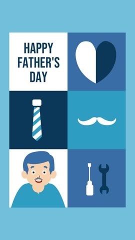 Vertical looping animation for Father's Day featuring flat-style icons: tie, tools, mustache, heart, and dad illustration. A cheerful and modern tribute to fathers in bold blue tones.