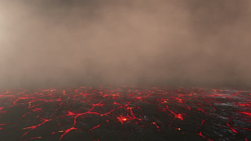 Flying Over Molten Lava River. Seamless Loop Animation. Volcanic Landscape Animation. Volcanic Lava Flow Loop Animation