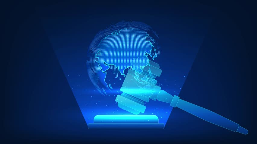LegalTech a legal hammer with a hologram and globe behind it, represents legal change using Artificial Intelligence or AI technology to improve the justice process and transparency of the legal system - Powered by Shutterstock - Get 15% off with code: PIKWIZARD15