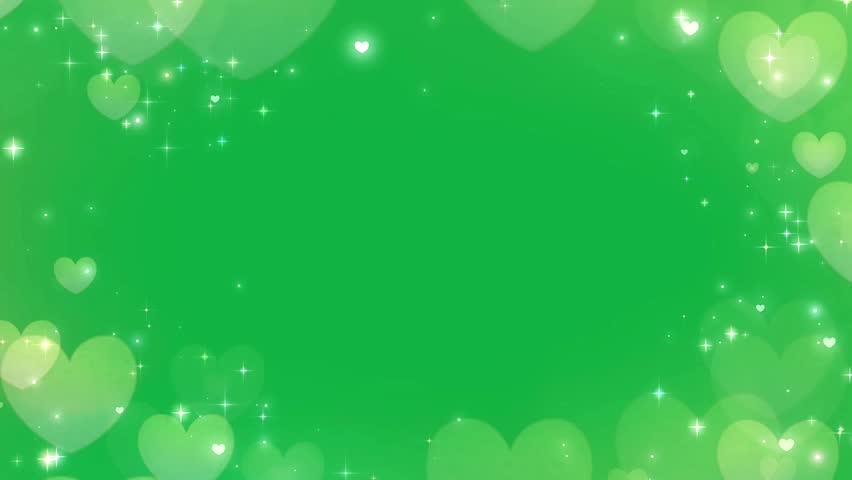 Glittering hearts stars light effects on green screen background.
