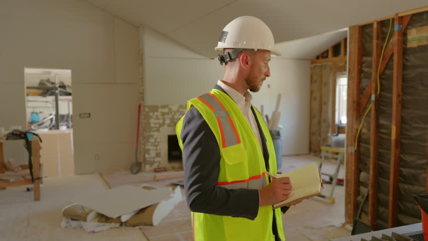 An architect in a hard hat and safety vest inspects a busy construction site, taking notes on improvements while ensuring strict safety regulations are followed in this dynamic environment