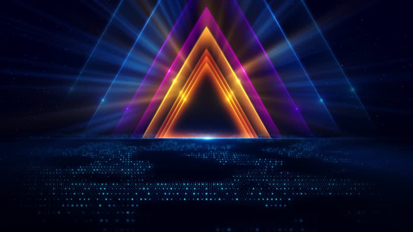 Sci-fi tunnel neon triangles stars wireframe milky way. Modern neon lighting. futuristic corridor triangles, stage, for product display, branding, presentations. dynamic 3D modern visual effect. - Powered by Shutterstock - Get 15% off with code: PIKWIZARD15