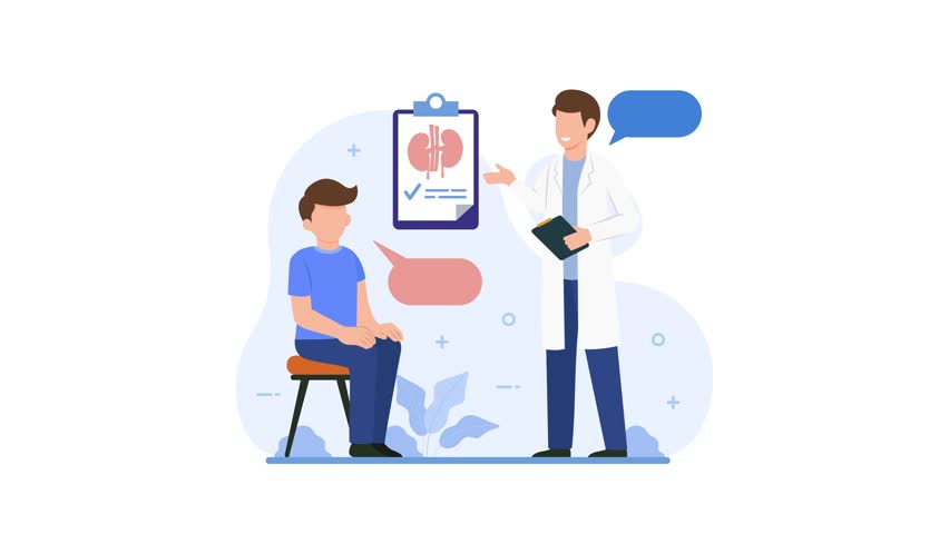 Doctor consulting patient at appointment animated video. Health counseling with professional physician. Practitioner talking to man, showing medical document. 2d animation