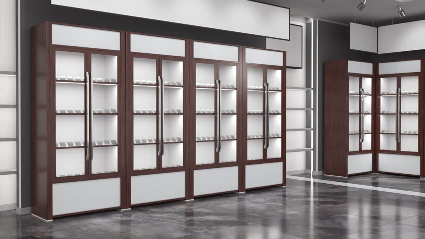 Shop interior with wooden display cabinets, white niches with shelves, lightbox and lighting, hanging banners and marble floor. 3d animation