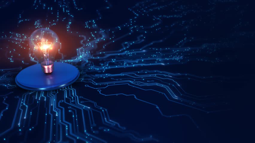 Artificial Intelligence Digital Brain big Data thinking process circuit board technology animation. 3D AI deep learning machine innovation, idea generation. brainstorming, smart solutions education