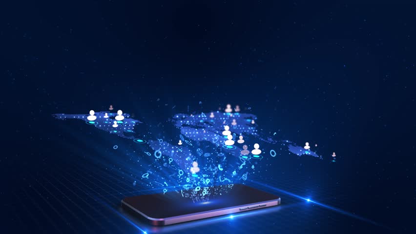 Worldwide map business connections made innovative cyberpunk technology smartphone Global digital Global 5G network, world map globe stats indicators, 3D rendering, futuristic business technology