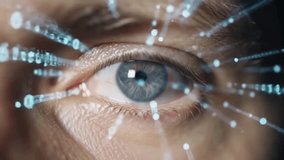 Detailed macro shot of blue human eye with binary code overlay representing digital technology and data stream impact - Powered by Shutterstock - Get 15% off with code: PIKWIZARD15