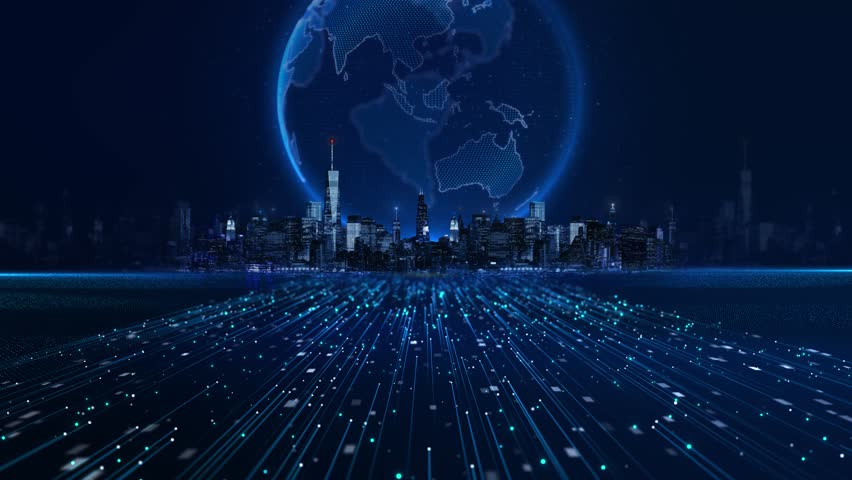 Futuristic Digital cyber world map earth metaverse 3D city virtual Smart city IOT internet of thing digital technology futuristic, automation management smart digital technology security power energy