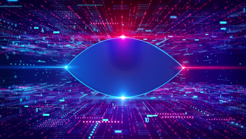 High-tech digital Cyber eye. Hud elements Animation. vision artificial intelligence control. futuristic Iris background. optics. Abstract digital and technology intro. advanced technology cyber vision