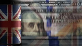 UK Great Britain oil business and petrol extraction barrels over USA Dollar money banknotes counting seamless and loopable concept. British fuel industrial business loop background. - Powered by Shutterstock - Get 15% off with code: PIKWIZARD15