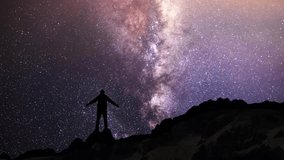 Hiker silhouette stands  on the hill on the  Milky Way galaxy and  mountains background. Night tight landscape starry sky. - Powered by Shutterstock - Get 15% off with code: PIKWIZARD15