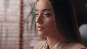 Close up Caucasian thoughtful creative business woman female girl office worker boss employer entrepreneur thinking doubt analysis brainstorming having an idea eureka insight gesture indoors workplace - Powered by Shutterstock - Get 15% off with code: PIKWIZARD15