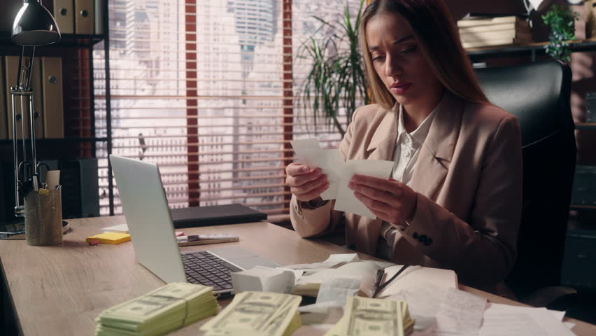 Worried upset shocked Caucasian business woman female girl businesswoman office worker salesman accountant read many bills large check paper money loss crisis shock bankruptcy tax work laptop indoors
