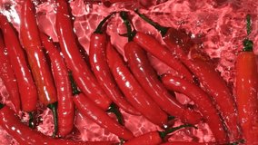 Fresh hot chili peppers falling into the water top view, splashing water, slow motion. - Powered by Shutterstock - Get 15% off with code: PIKWIZARD15