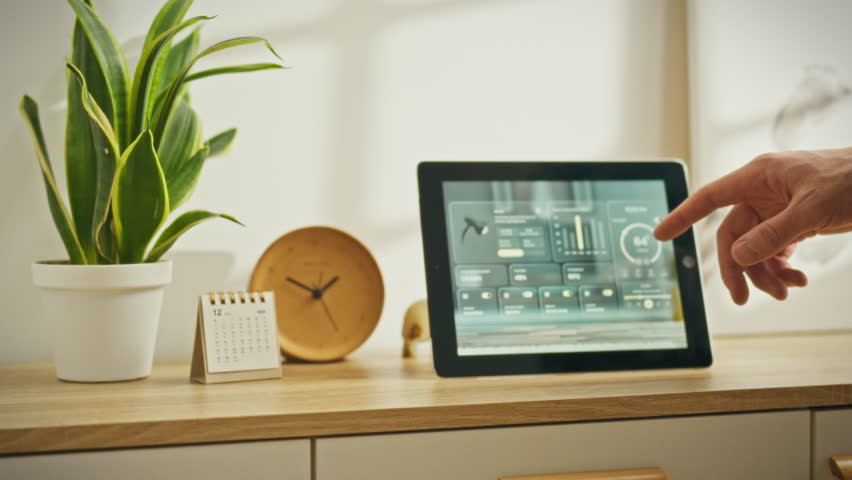 A person interacts with a tablet, accessing smart home features in a contemporary workspace. A clock and calendar add to the organized setting. Natural light enhances the atmosphere